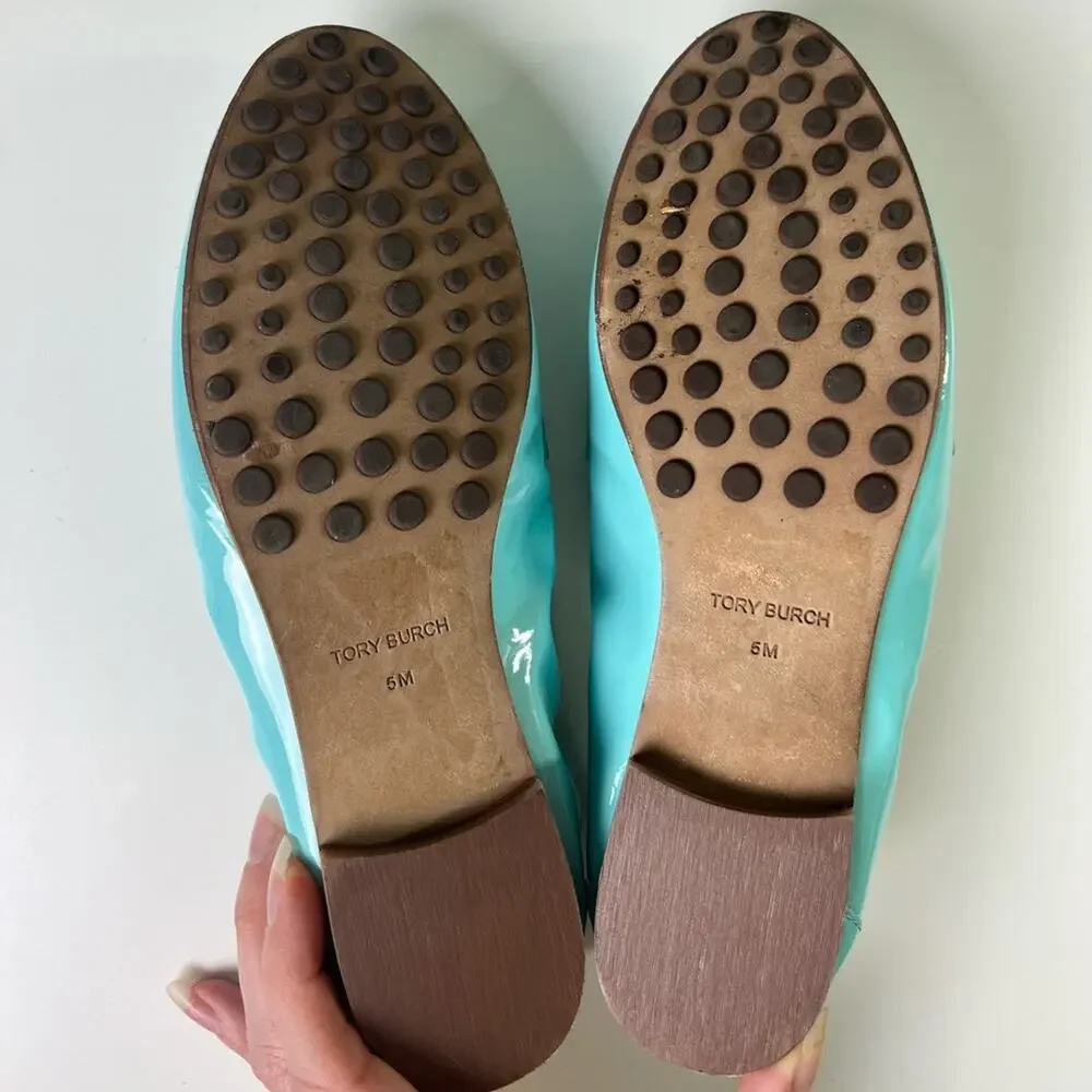 Tory Burch RARE Blue Silver Ballet Patent Leather Loafer Flat MistyAqua Spongy 5